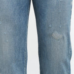 Leg view of Used Ankle Cut 13.5 oz Selvedge Denim in Light Distress