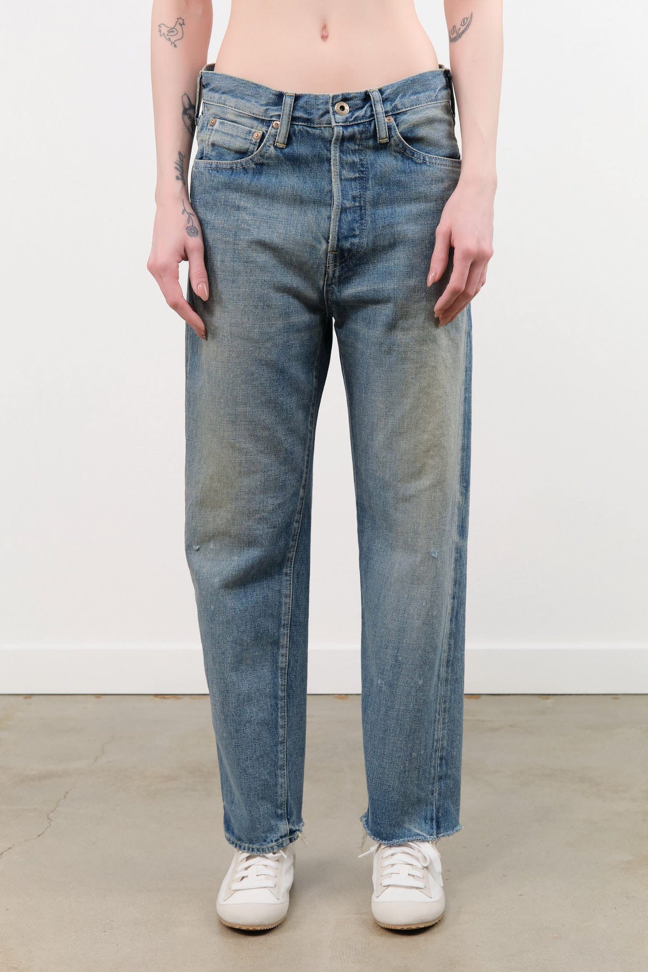 Chimala Apparel Womens Denim Used Ankle Cut 13.5 oz Selvedge Denim in Medium Distress