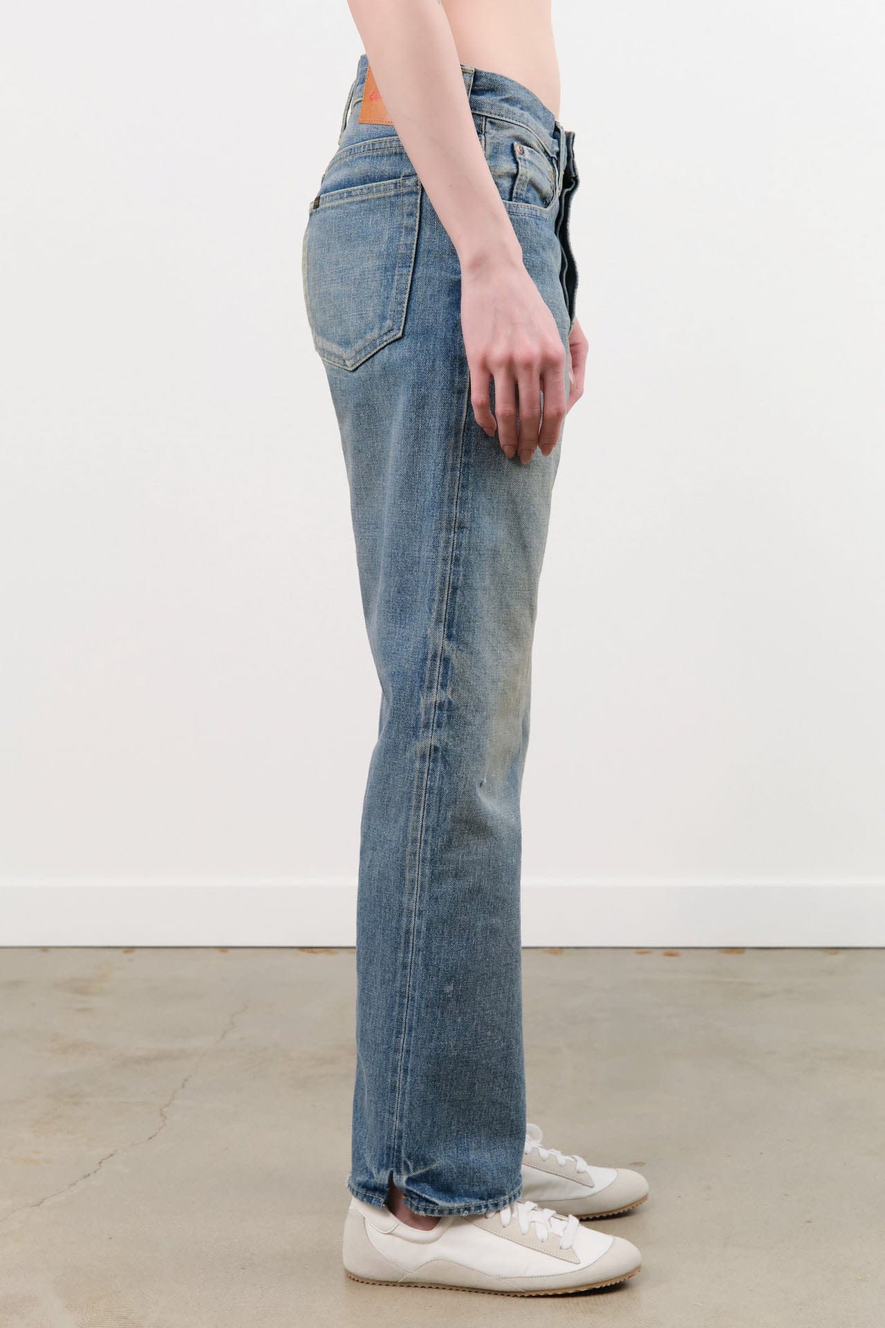 Chimala Apparel Womens Denim Used Ankle Cut 13.5 oz Selvedge Denim in Medium Distress