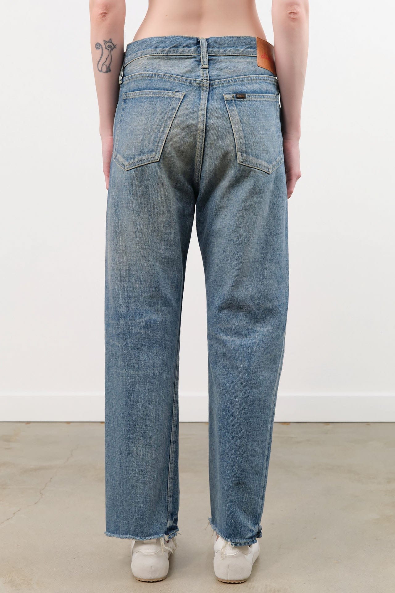 Chimala Apparel Womens Denim Used Ankle Cut 13.5 oz Selvedge Denim in Medium Distress