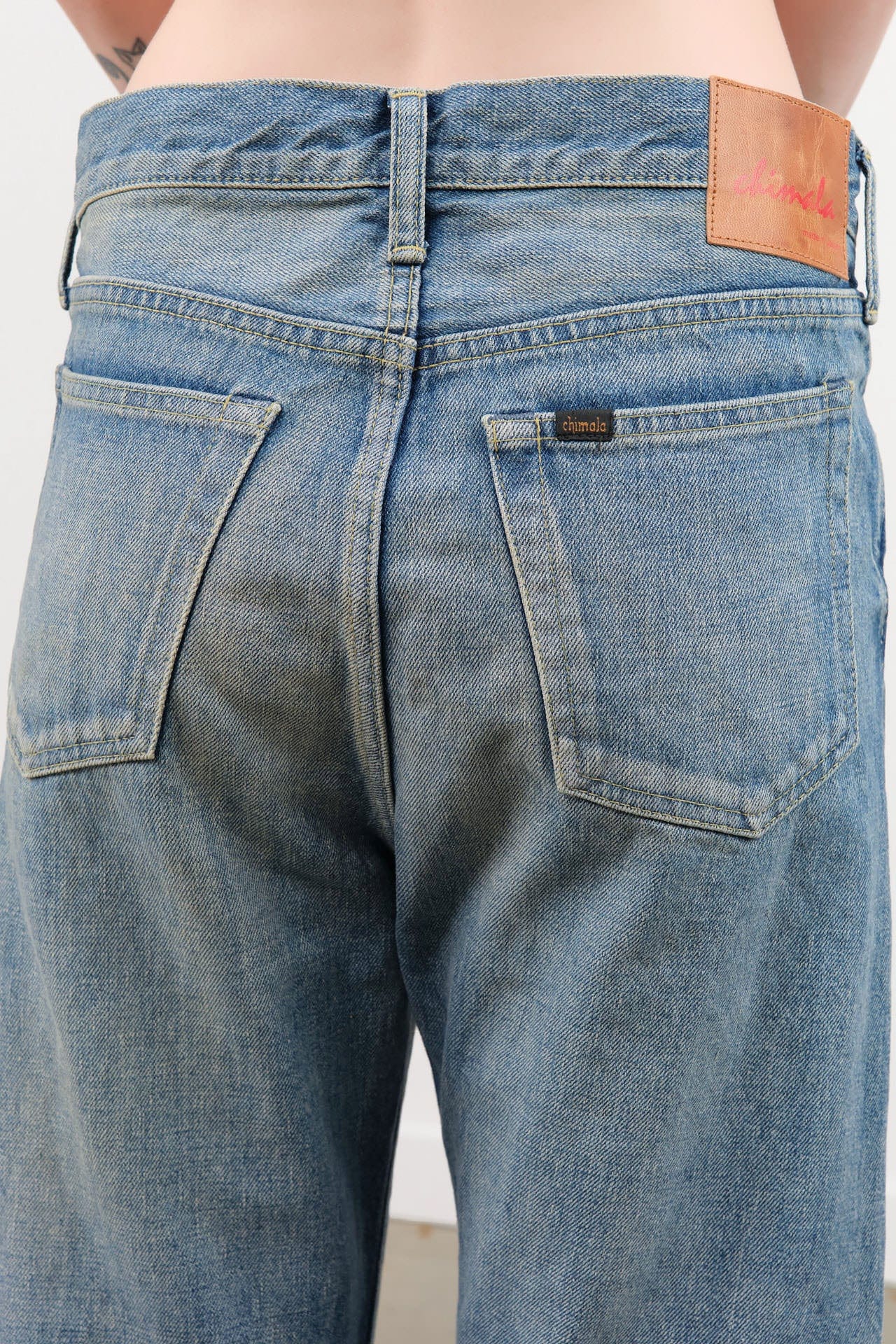 Chimala Apparel Womens Denim Used Ankle Cut 13.5 oz Selvedge Denim in Medium Distress