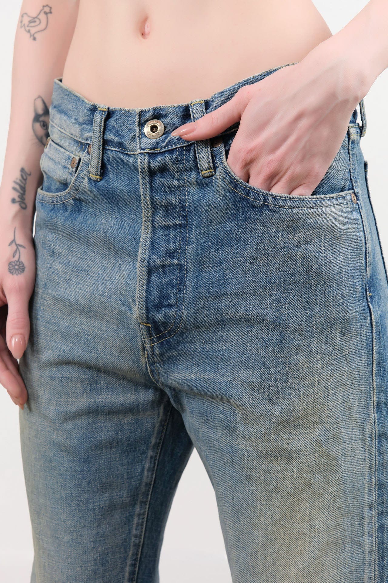 Chimala Apparel Womens Denim Used Ankle Cut 13.5 oz Selvedge Denim in Medium Distress