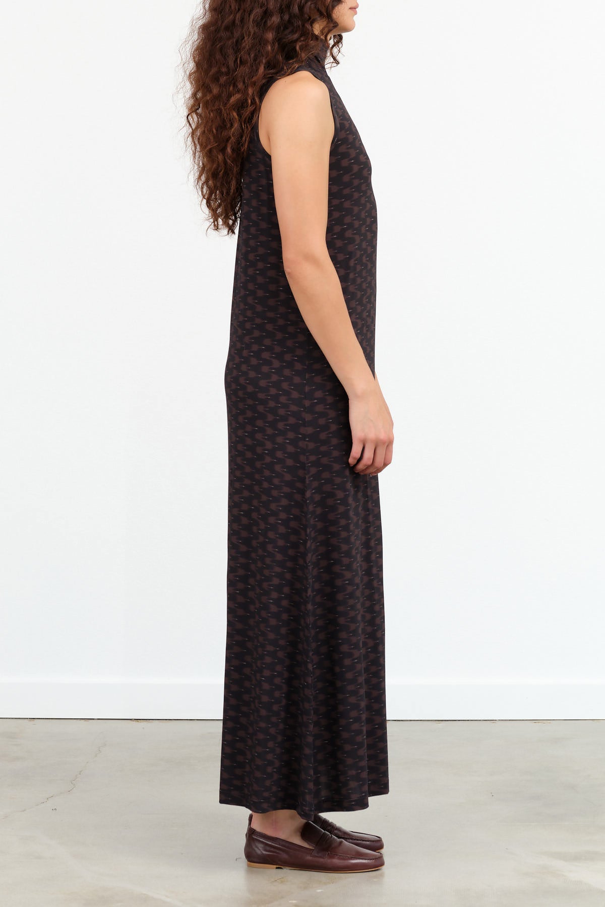 Christian Wijnants Designer Brand Turtle Neck Dawa Maxi Dress in Dark Brown Wavelet Pattern