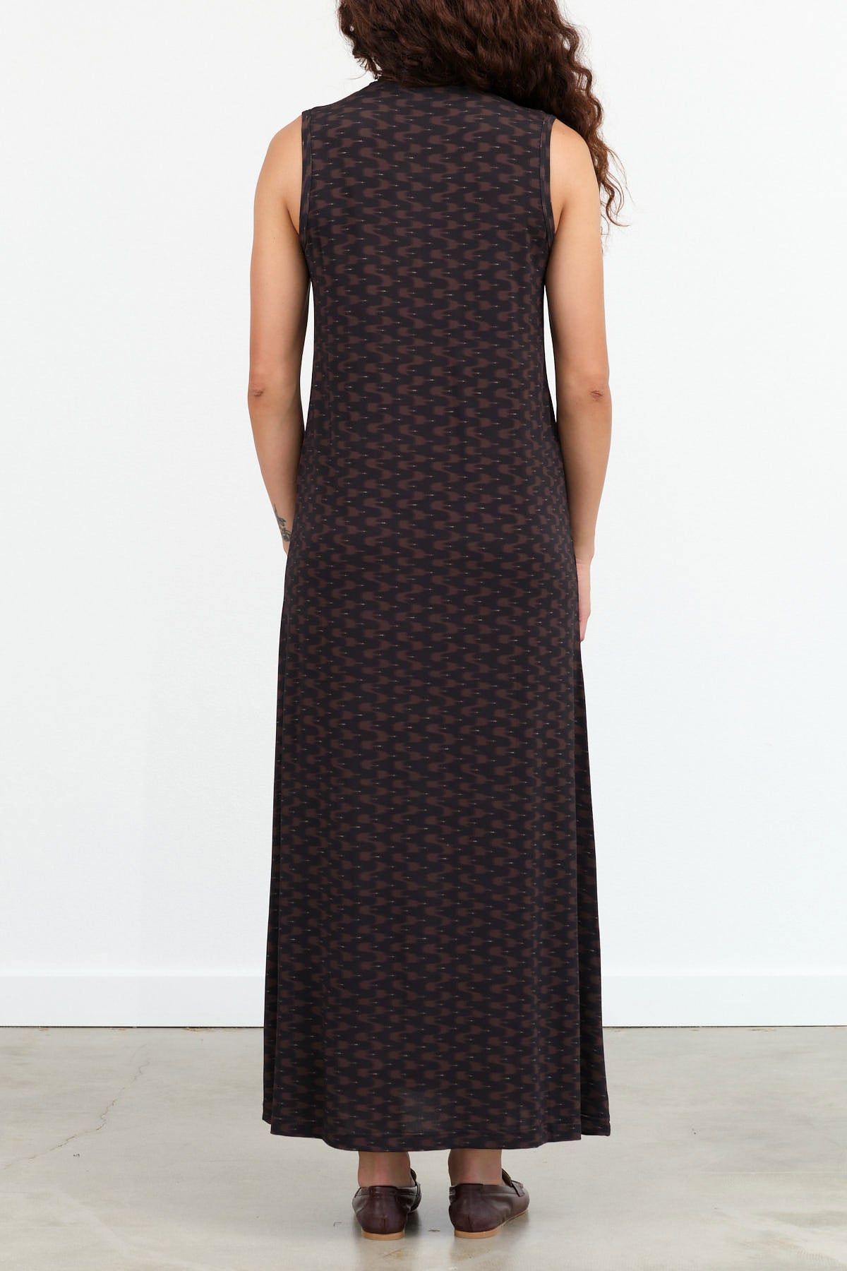 Sleeveless Turtle Neck Dawa Maxi Dress in Dark Brown Wavelet Pattern by Christian Wijnants Designer Brand