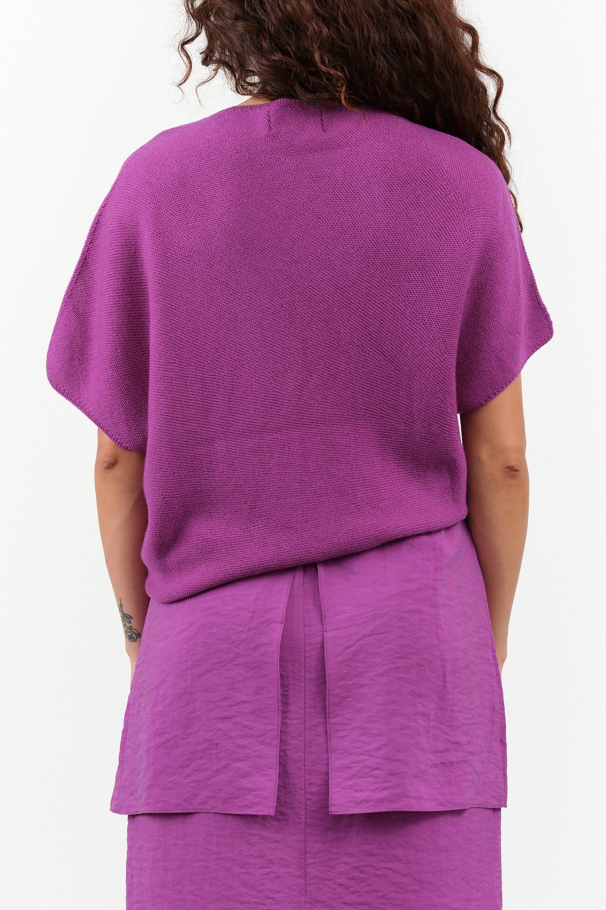 Christian Wijnants Designer Short Sleeve Wool and Cashmere High Neck Klanni Sweater Dark Orchid Pink and Purple