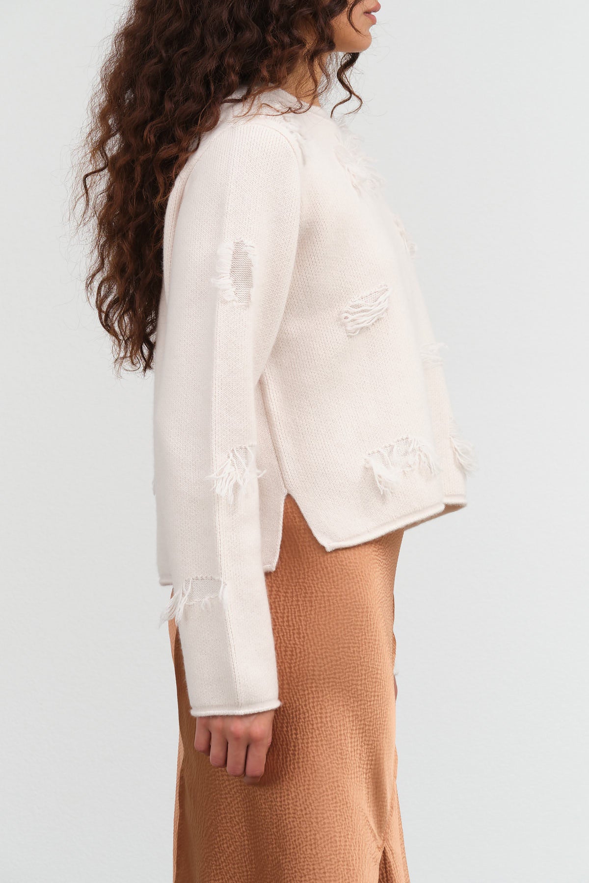 Christian Wijnants Designer Brand Kunao Long Sleeve Sweater with Distressing in Off White