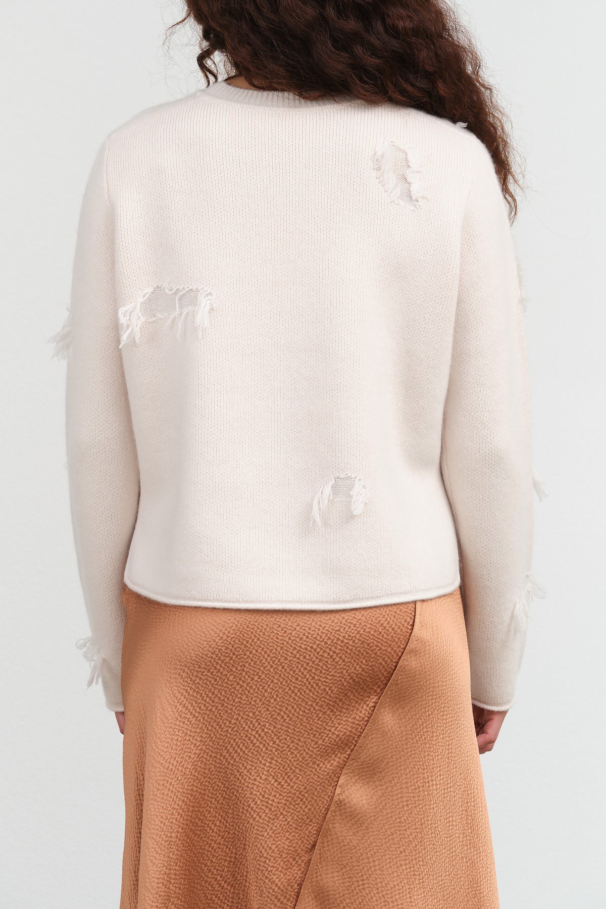 Off White Cream Kunao Long Sleeve Cashmere Sweater with Fil Coupe Distressing by Christian Wijnants Designer Brand