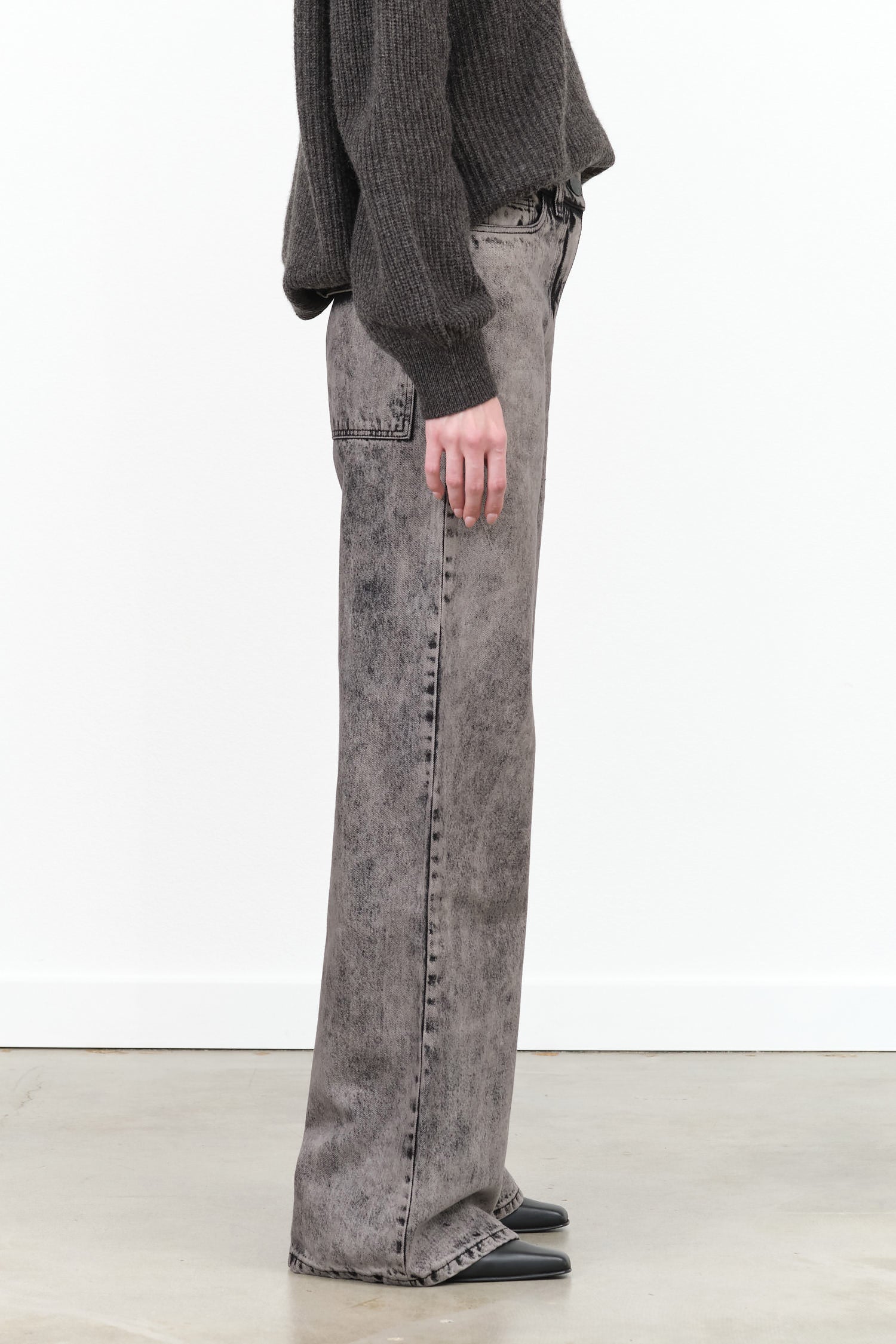 Christian Wijnants Designer Brand High Waisted Wide Leg Presca Pants in Acid Wash Arctic Grey Black Denim