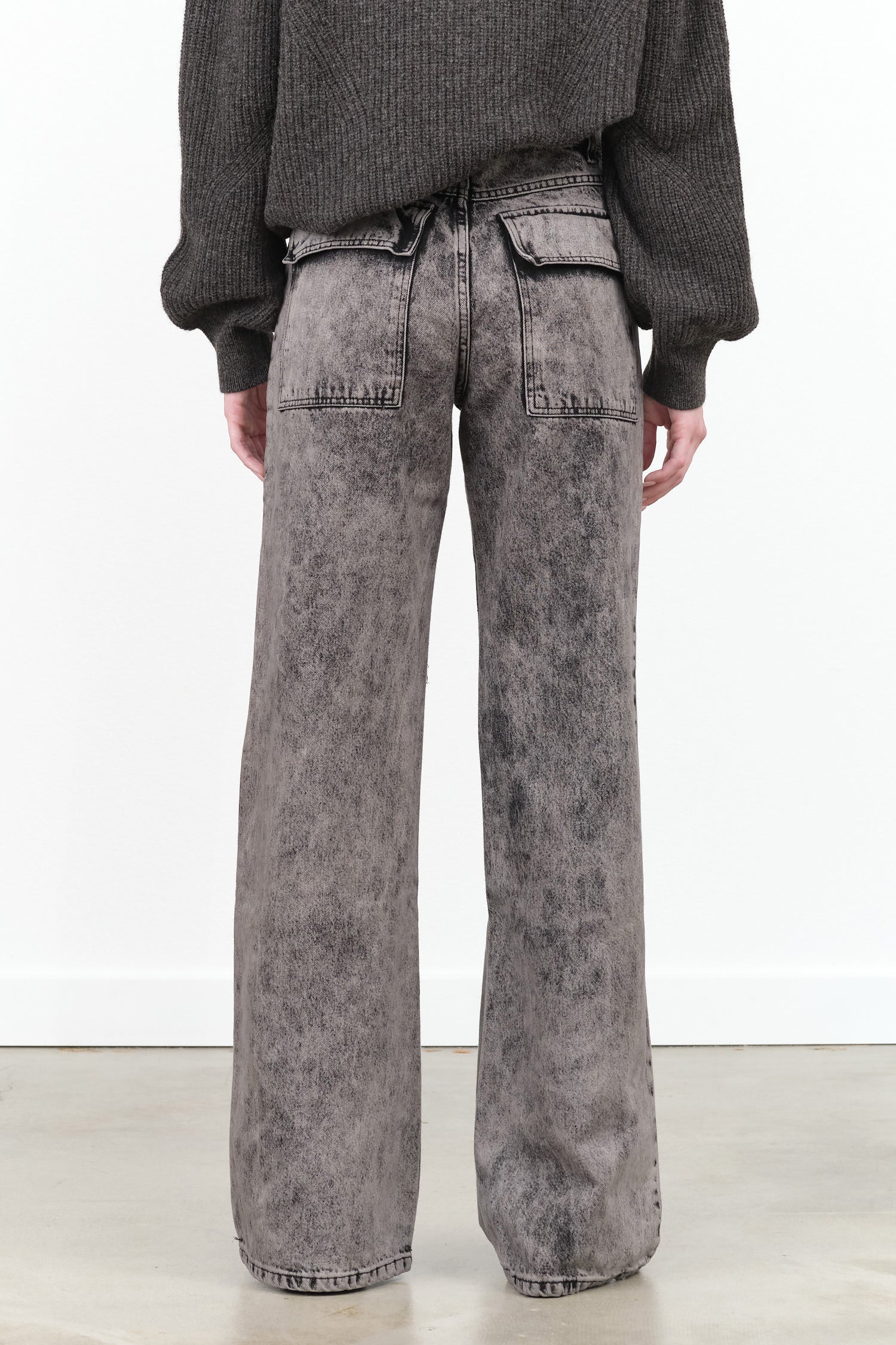 High Waisted Wide Leg Presca Pants in Acid Wash Arctic Grey Black Denim by Christian Wijnants Designer Brand 