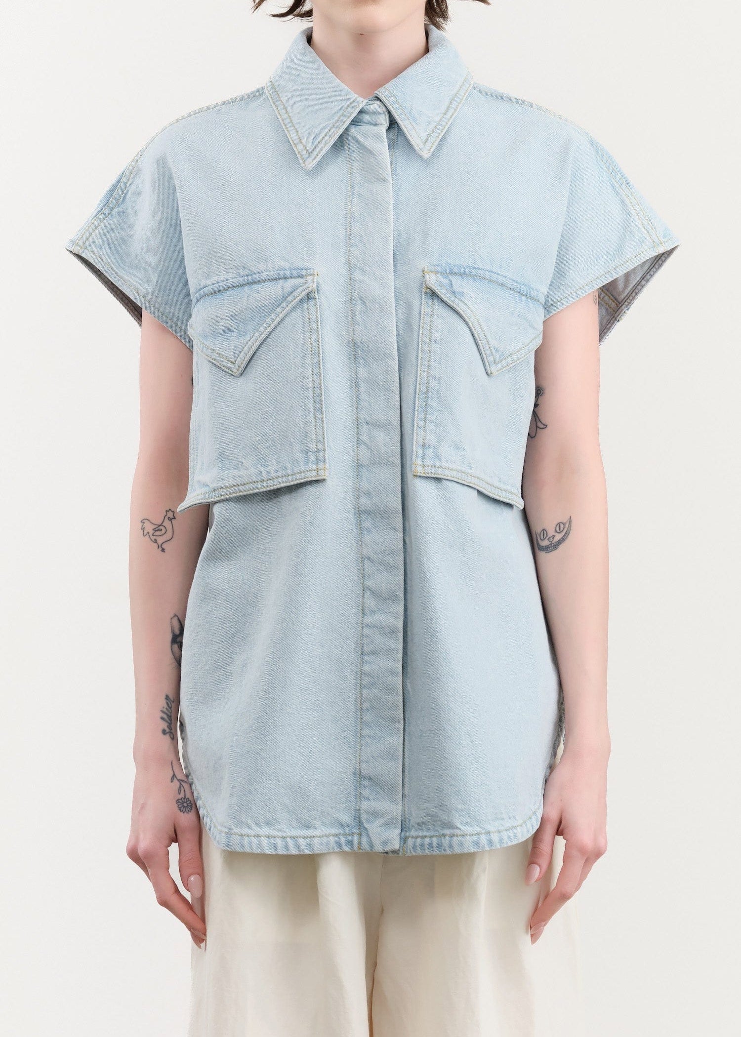 Christian Wijnants Apparel Womens Blouses Teta Sleveless Denim Top in Light Blue Denim