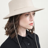 Wide Brim Wool Felt Hat by Clyde in White Tan Alabaster Telescope Hat with Tie