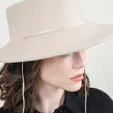 Telescope Hat Wide Brim Wool Felt Hat by Clyde in White Tan Alabaster with Tie