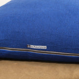 Zipper view of 26" X 26" Crumpled Washed Linen Vice Versa Cushion in Cobalt