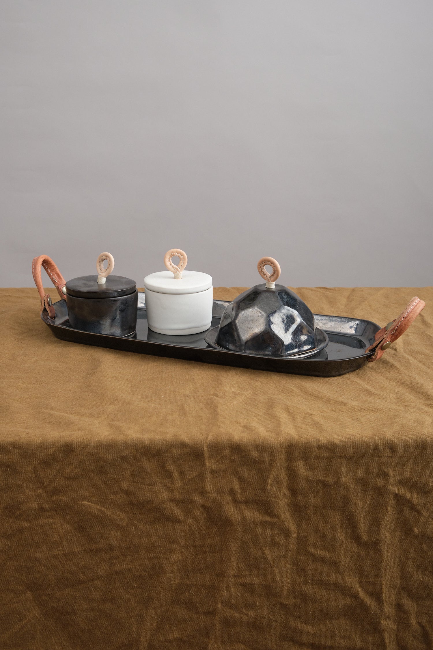 DBO Home Ceramic Remo Long Tray with Leather Handles in Mussel Black