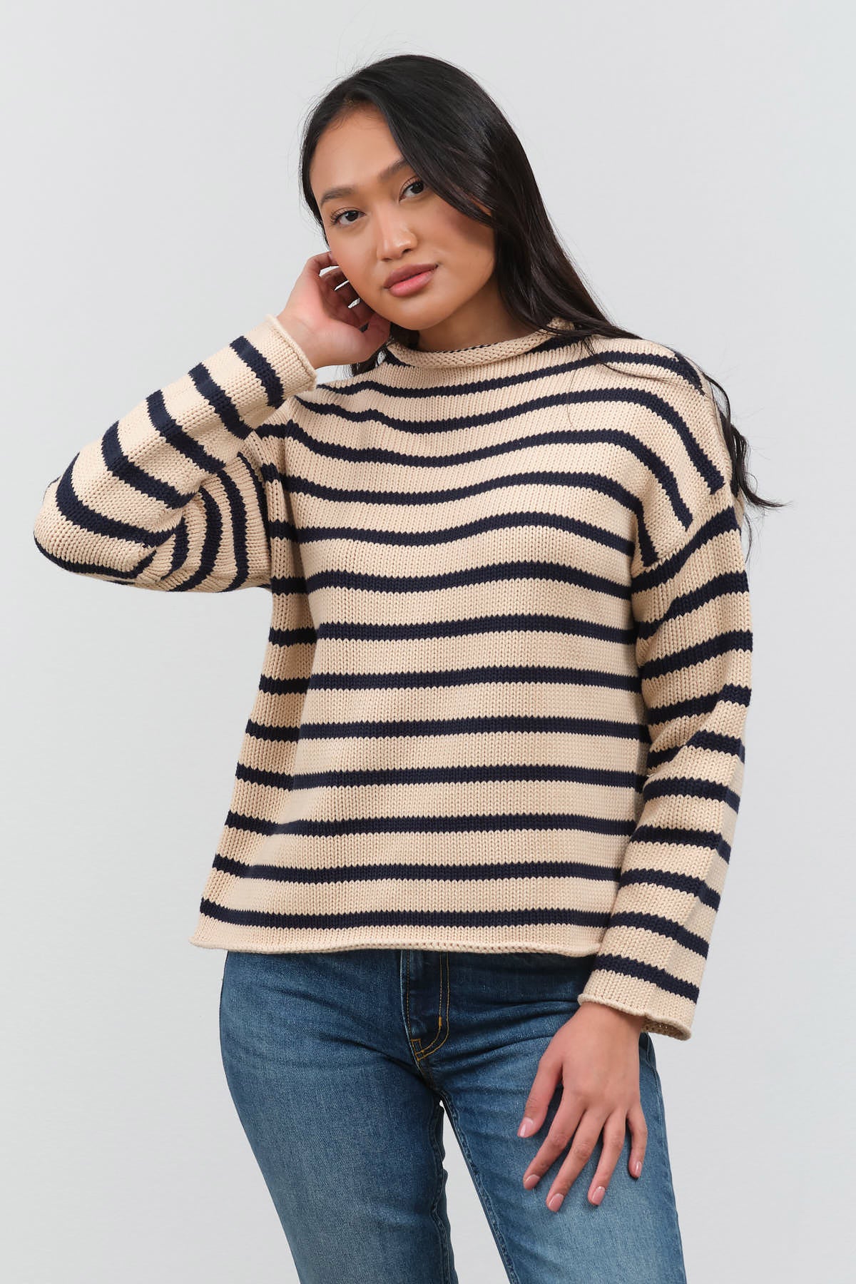Styled view of Lamis Stripe Sweater in Natural/Navy