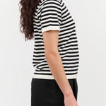 Demylee Designer Brand Short Sleeve Adebola Stripe Cotton Cashmere Top in Off White and Black Stripes