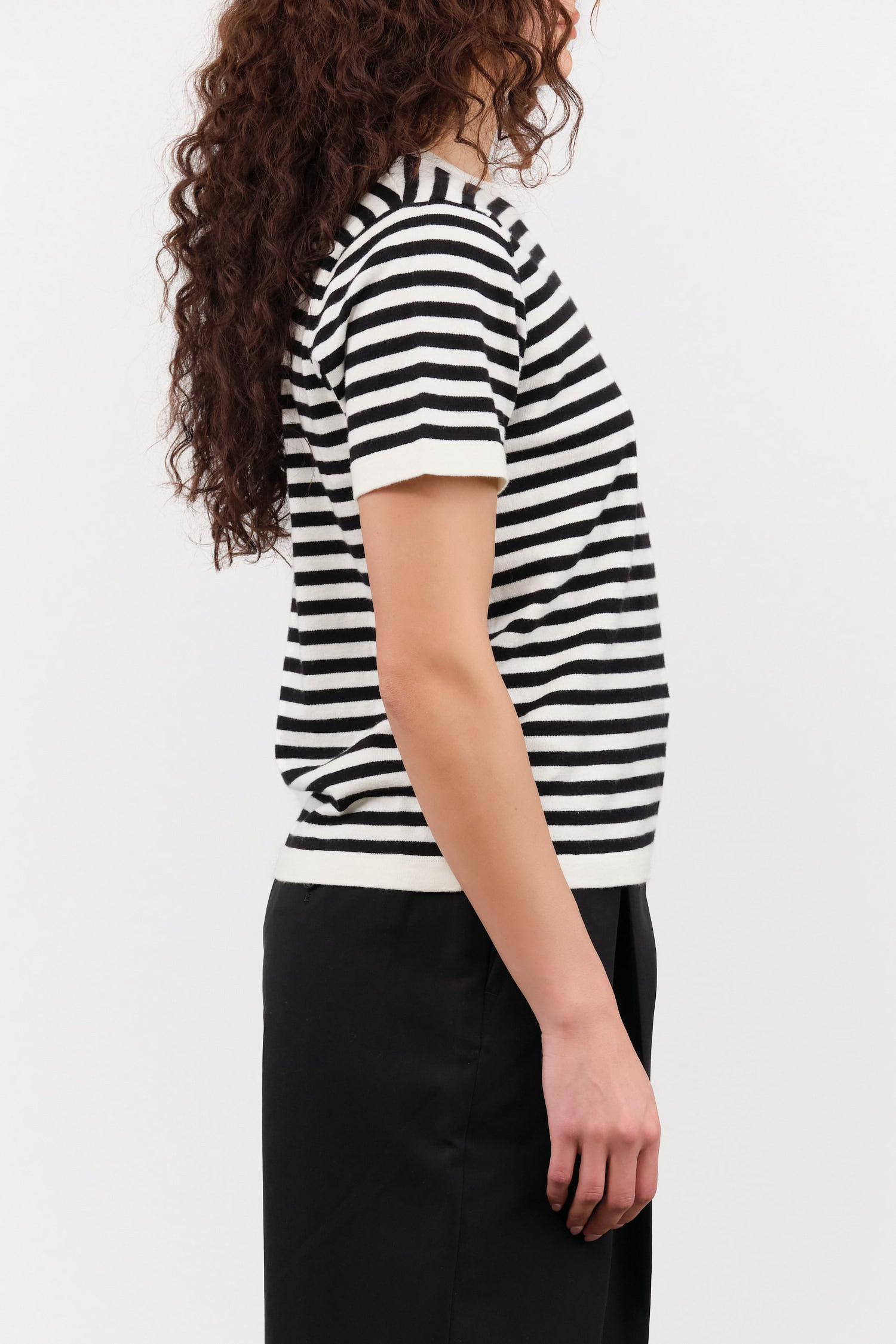 Demylee Designer Brand Short Sleeve Adebola Stripe Cotton Cashmere Top in Off White and Black Stripes