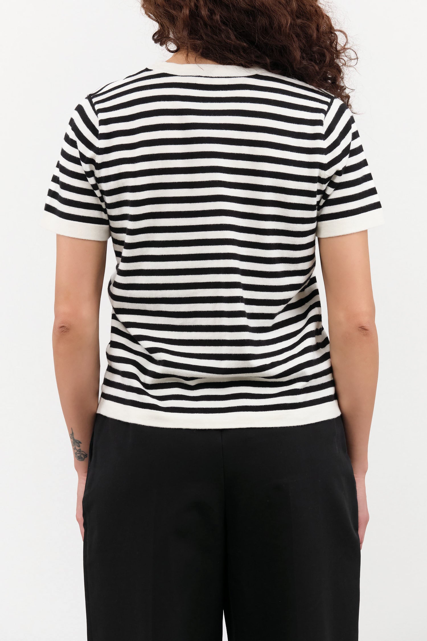 Off White and Black Stripes Short Sleeve Adebola Stripe Cotton Cashmere Top by Demylee Designer Brand