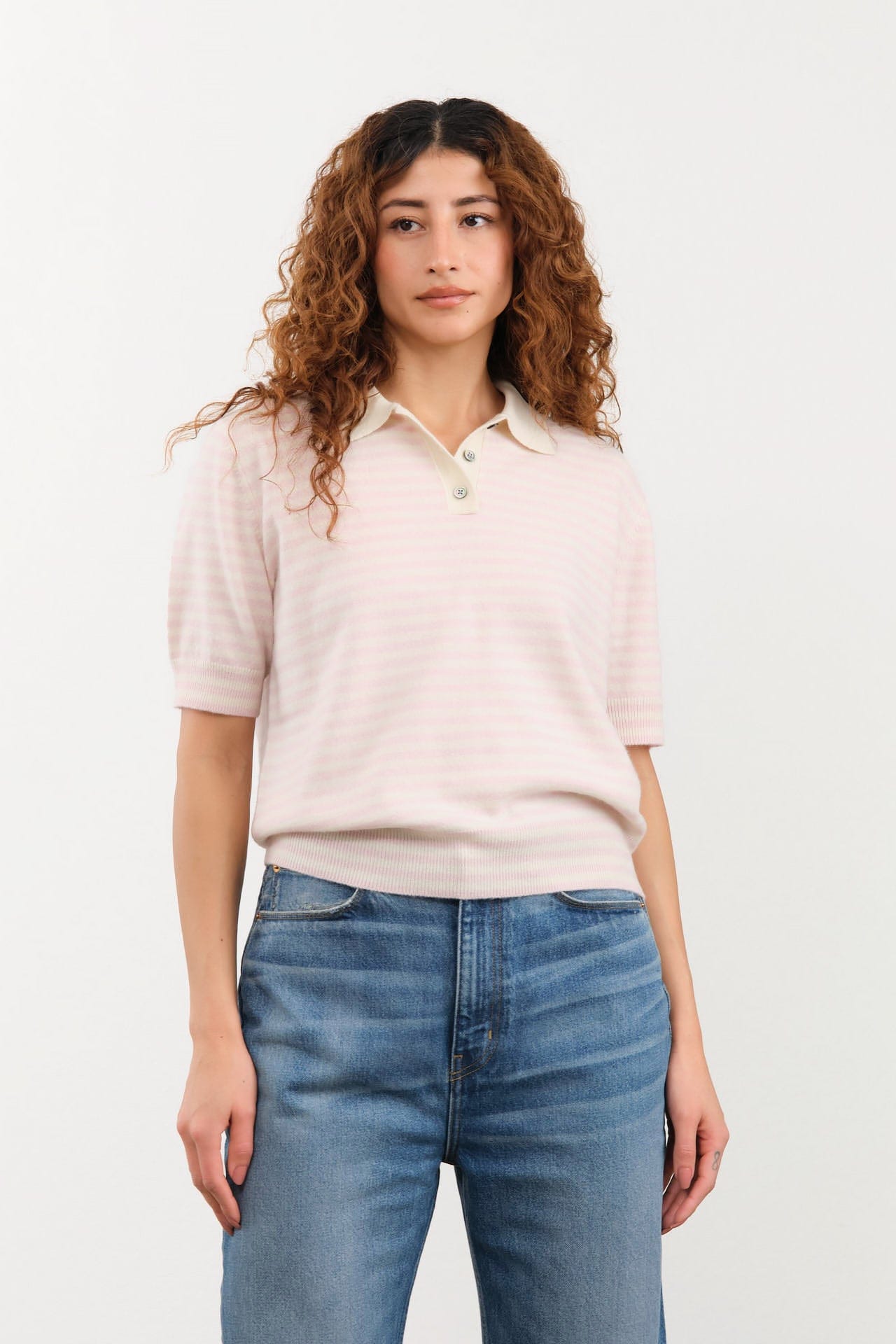 Demylee Apparel Womens Sweaters Amelia Stripe Cashmere Polo Top