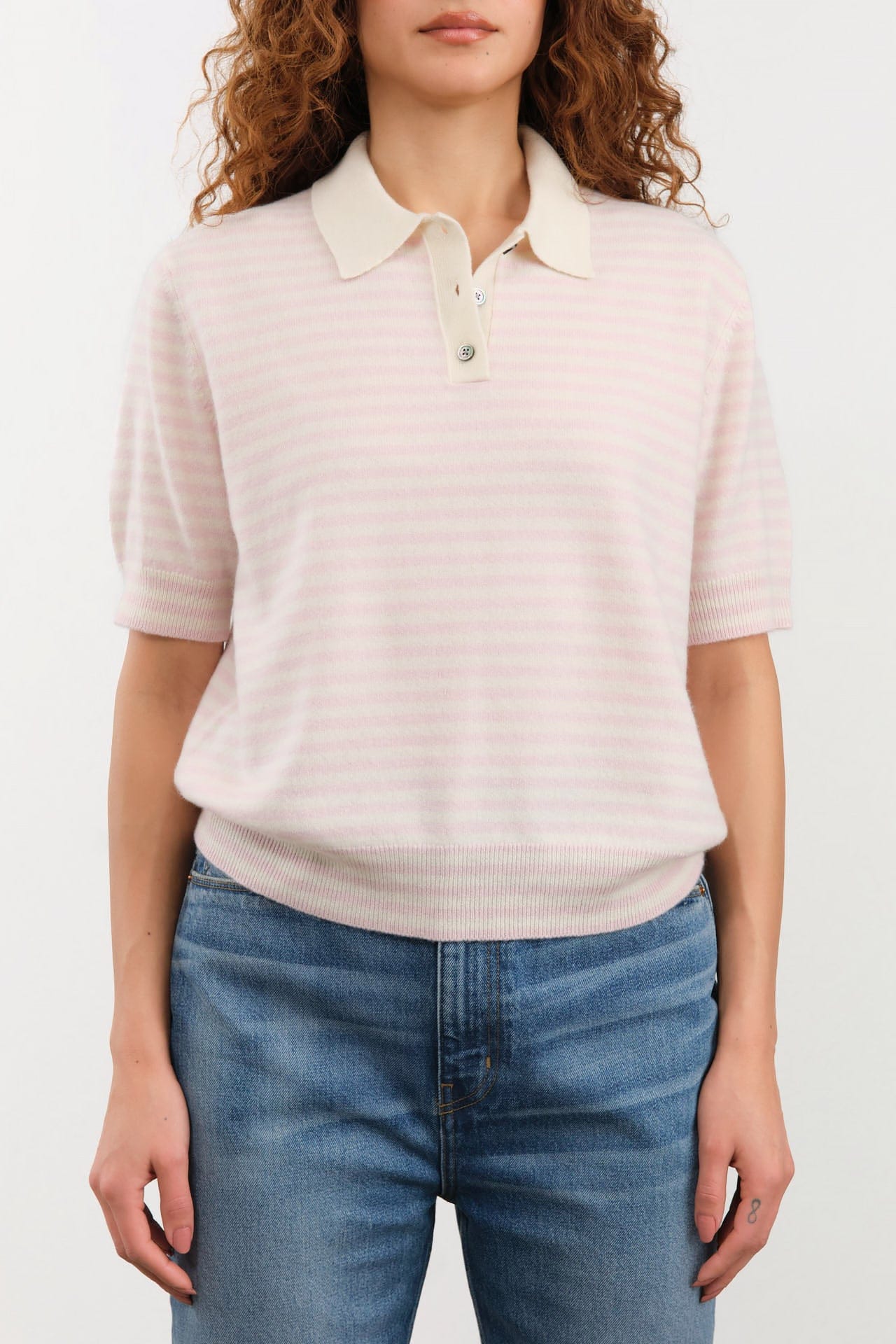 Demylee Apparel Womens Sweaters Amelia Stripe Cashmere Polo Top