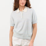 Demylee Apparel Womens Sweaters Amelia Stripe Cashmere Polo Top in Ivory/Milky Blue