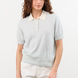 Demylee Apparel Womens Sweaters Amelia Stripe Cashmere Polo Top in Ivory/Milky Blue