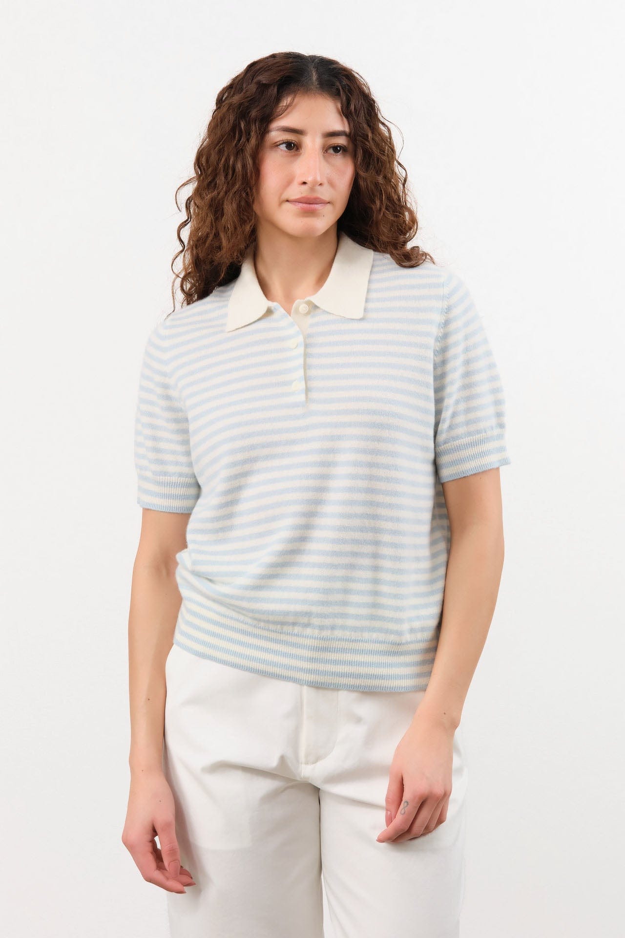 Demylee Apparel Womens Sweaters Amelia Stripe Cashmere Polo Top in Ivory/Milky Blue
