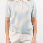 Demylee Apparel Womens Sweaters Amelia Stripe Cashmere Polo Top in Ivory/Milky Blue