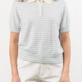 Demylee Apparel Womens Sweaters Amelia Stripe Cashmere Polo Top in Ivory/Milky Blue