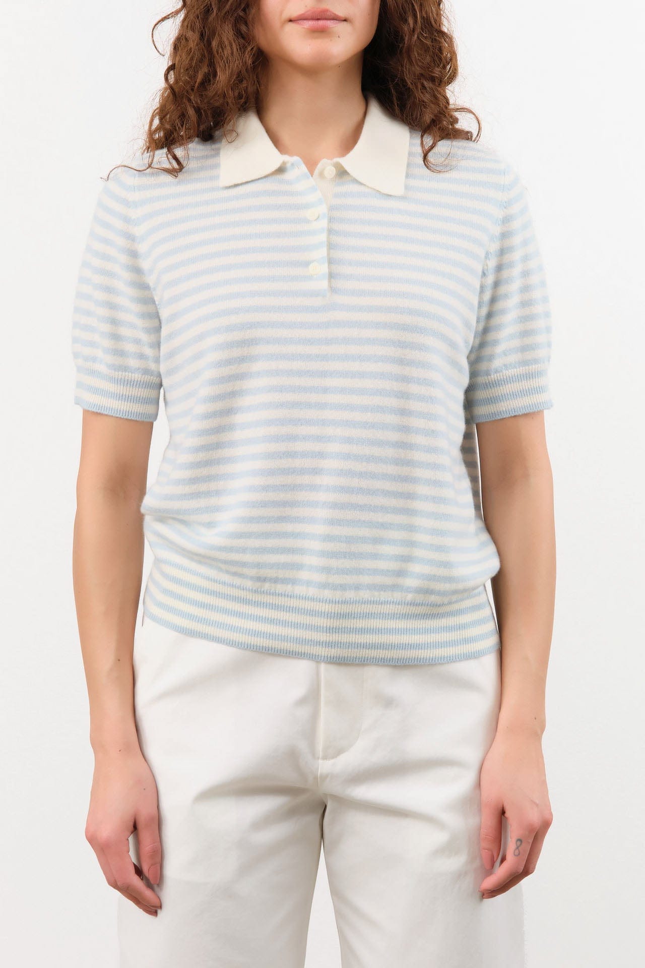 Demylee Apparel Womens Sweaters Amelia Stripe Cashmere Polo Top in Ivory/Milky Blue