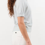 Demylee Apparel Womens Sweaters Amelia Stripe Cashmere Polo Top in Ivory/Milky Blue