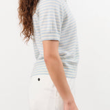Demylee Apparel Womens Sweaters Amelia Stripe Cashmere Polo Top in Ivory/Milky Blue