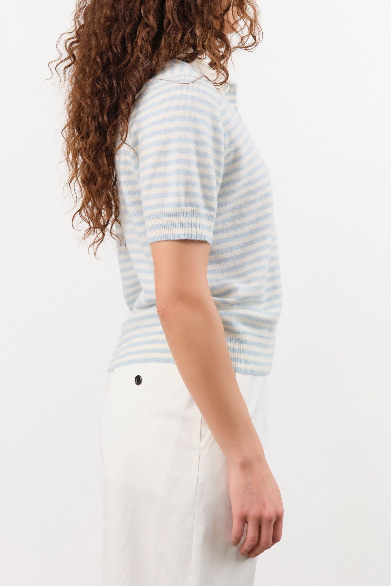 Demylee Apparel Womens Sweaters Amelia Stripe Cashmere Polo Top in Ivory/Milky Blue