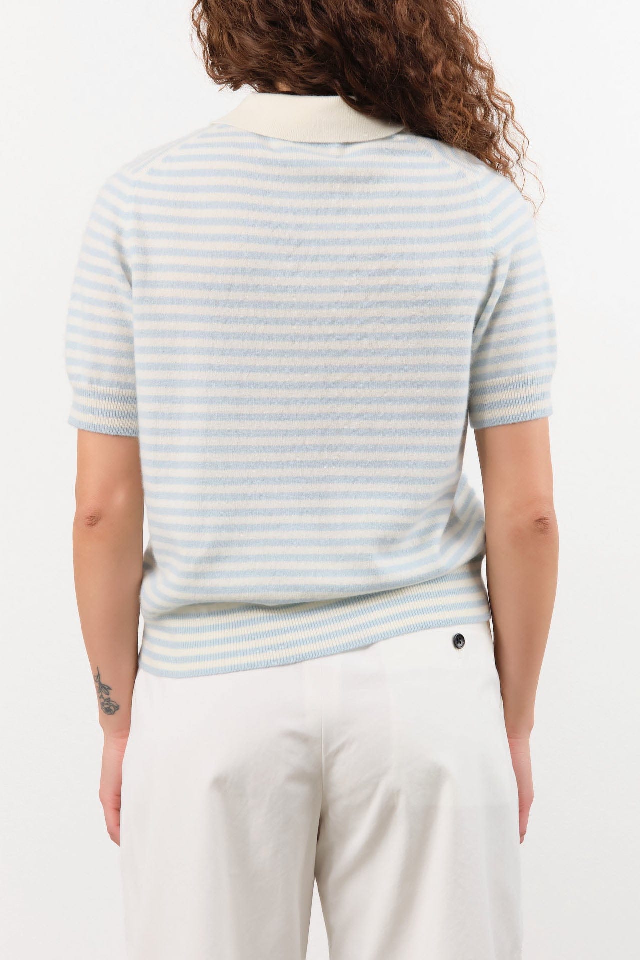 Demylee Apparel Womens Sweaters Amelia Stripe Cashmere Polo Top in Ivory/Milky Blue