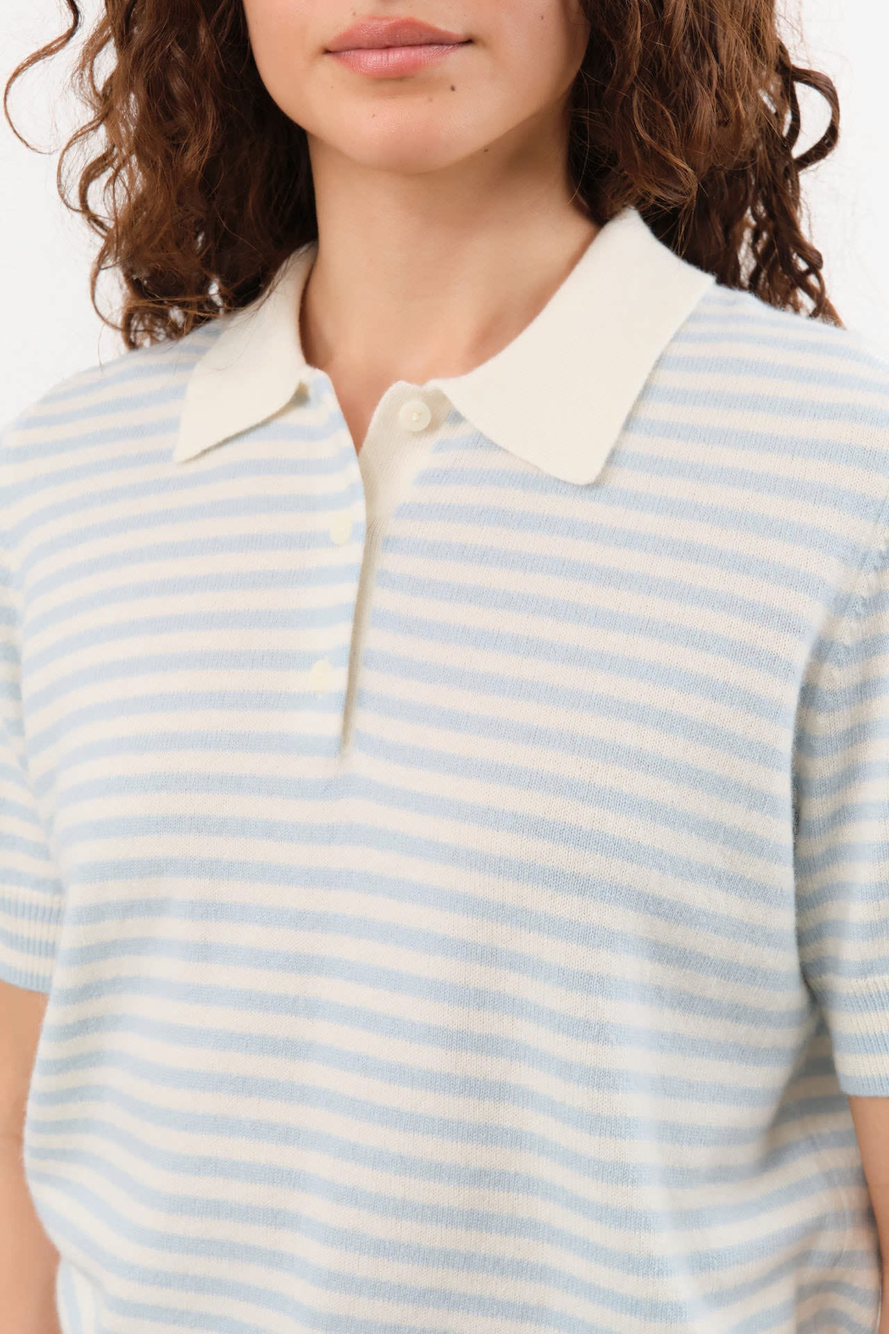 Demylee Apparel Womens Sweaters Amelia Stripe Cashmere Polo Top in Ivory/Milky Blue