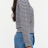 Demylee New York Designer Brand Apis Stripe Cashmere Sweater with Collar in Off White and Navy Stripes