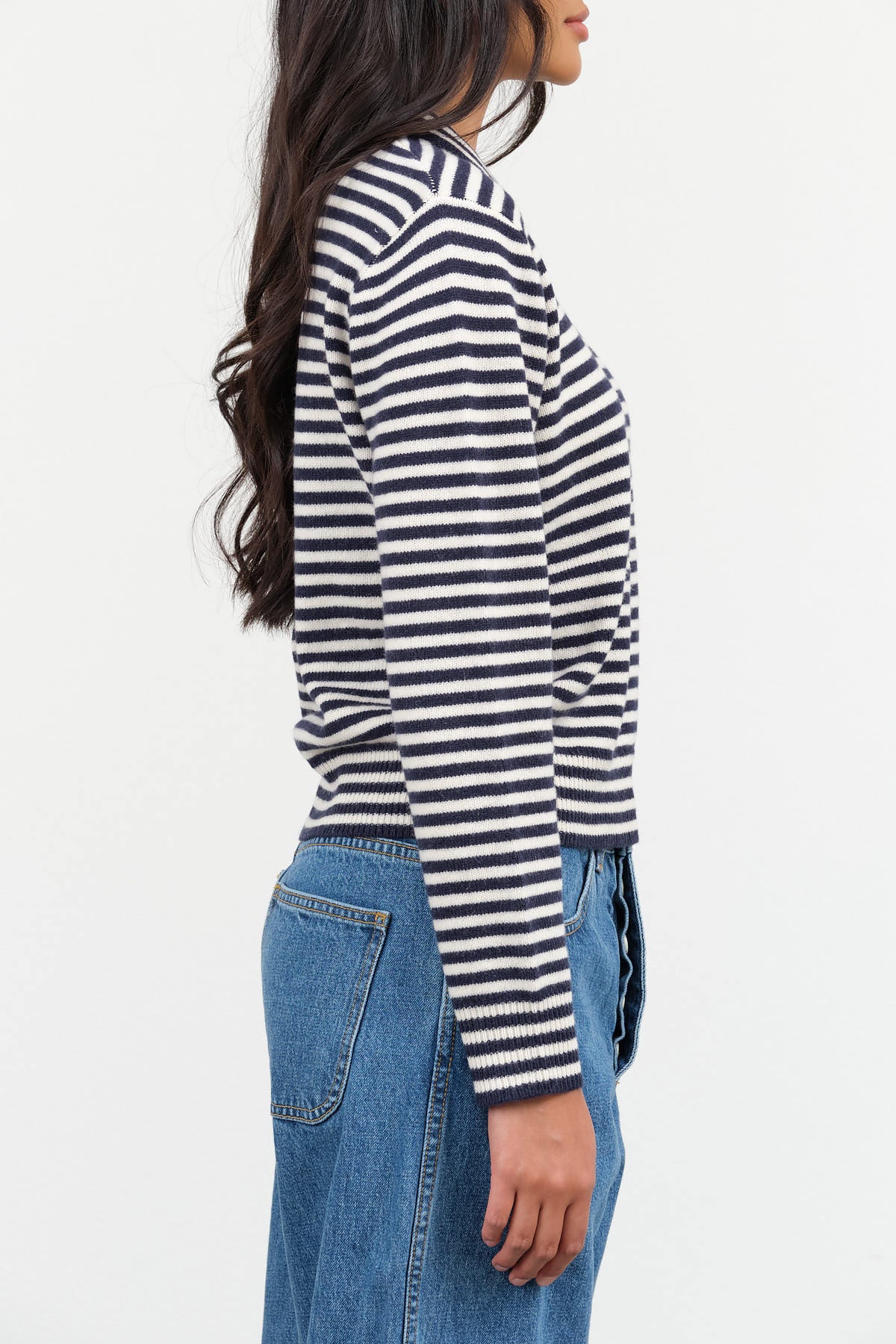 Demylee New York Designer Brand Apis Stripe Cashmere Sweater with Collar in Off White and Navy Stripes