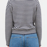 Off White and Navy Stripes Apis Stripe Cashmere Sweater with Collar by Demylee New York Designer Brand 