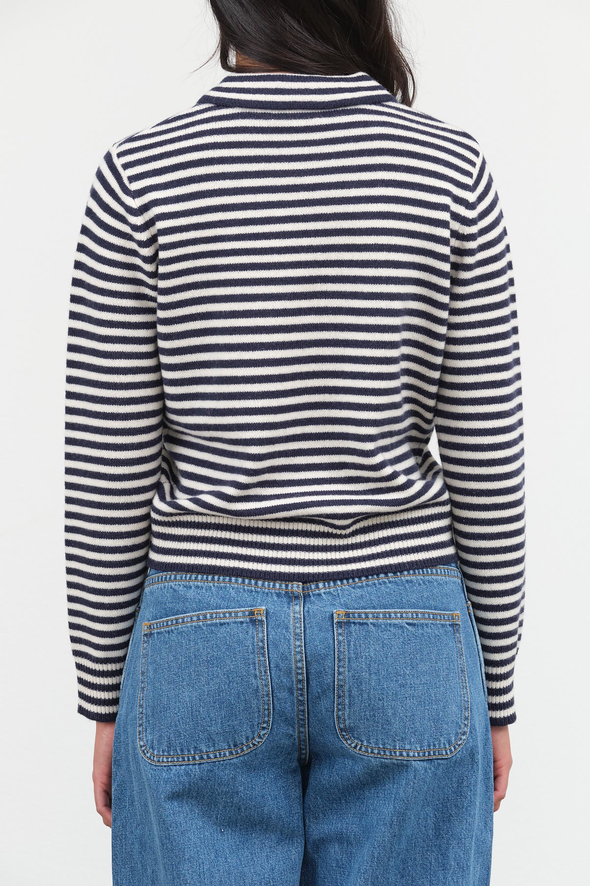 Off White and Navy Stripes Apis Stripe Cashmere Sweater with Collar by Demylee New York Designer Brand 