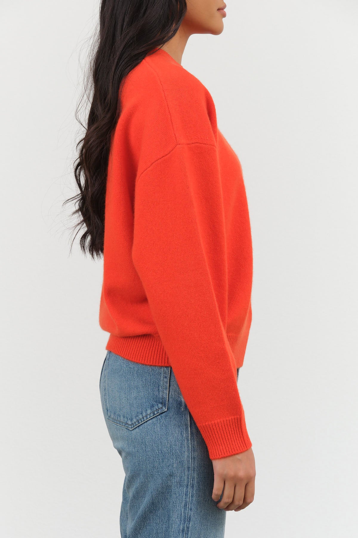 Demylee New York Designer Brand Artemis Long Sleeve Cashmere Crewneck Sweater in Red Orange Mango