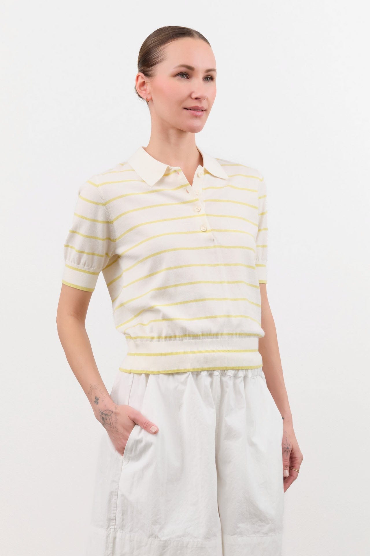 Demylee Apparel Womens Sweaters Cameron Stripe Cotton Polo Top