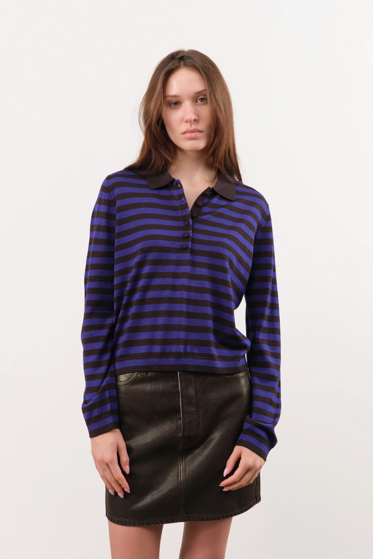 Demylee Apparel Womens Sweaters Claudia Stripe Merino Wool Polo Sweater
