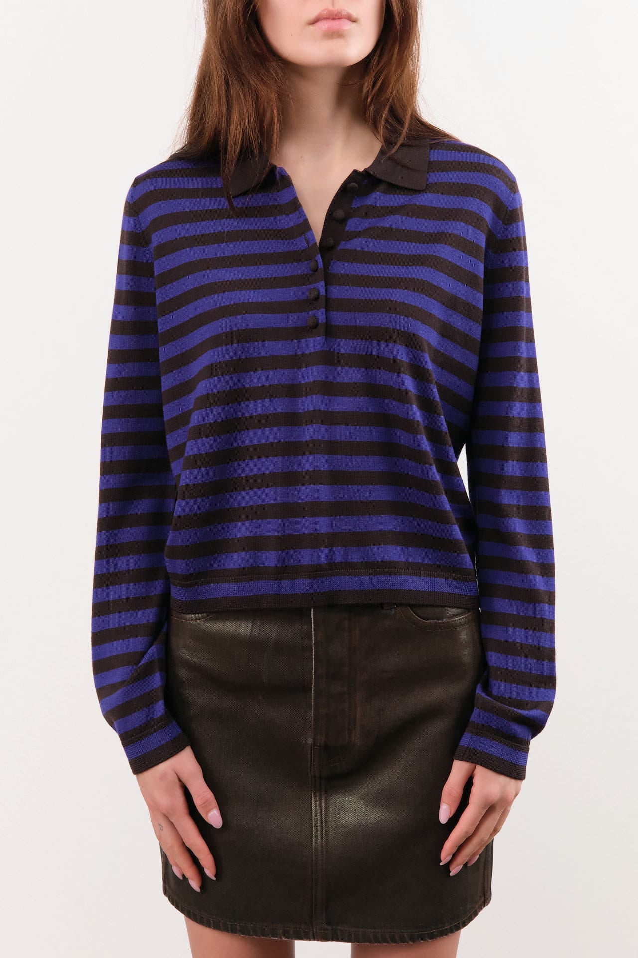 Demylee Apparel Womens Sweaters Claudia Stripe Merino Wool Polo Sweater