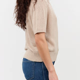 Demylee Designer Brand Short Sleeve Cris Cotton Linen Polo Sweater Top in Pearl Barley Tan