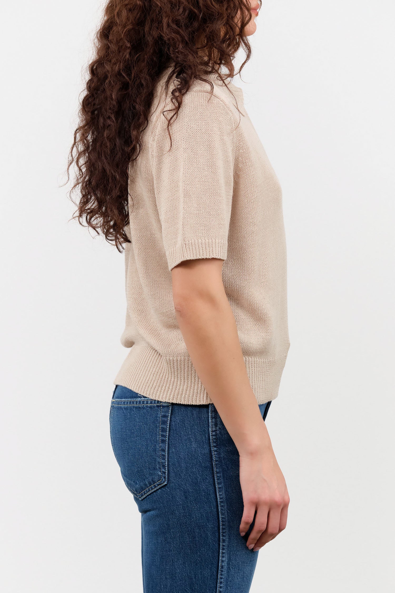 Demylee Designer Brand Short Sleeve Cris Cotton Linen Polo Sweater Top in Pearl Barley Tan