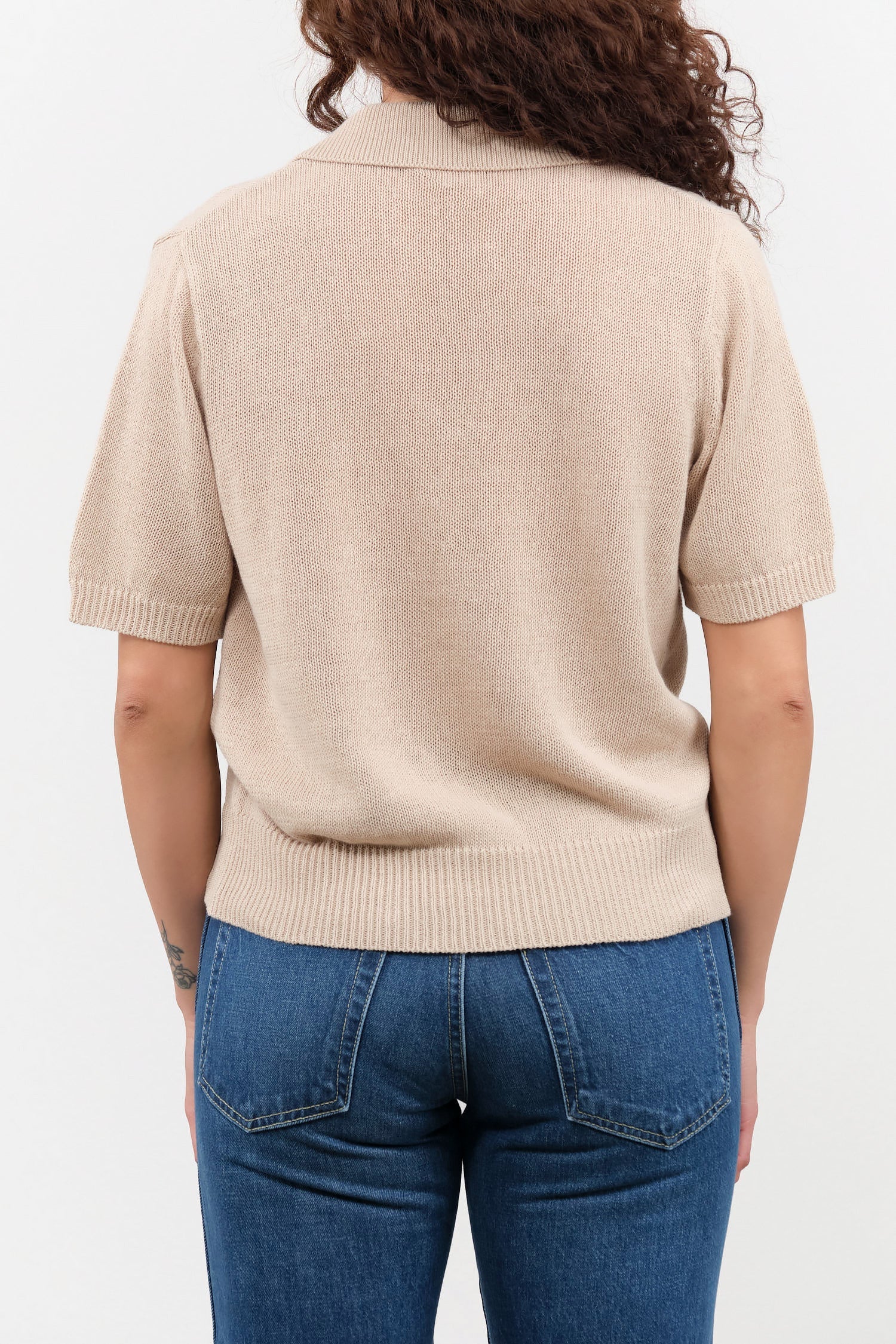 Pearl Barley Tan Short Sleeve Cris Cotton Linen Polo Sweater Top by Demylee Designer Brand 