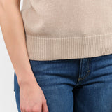 Short Sleeve Cris Cotton Linen Polo Sweater Top in Pearl Barley Tan by Demylee Designer Brand 