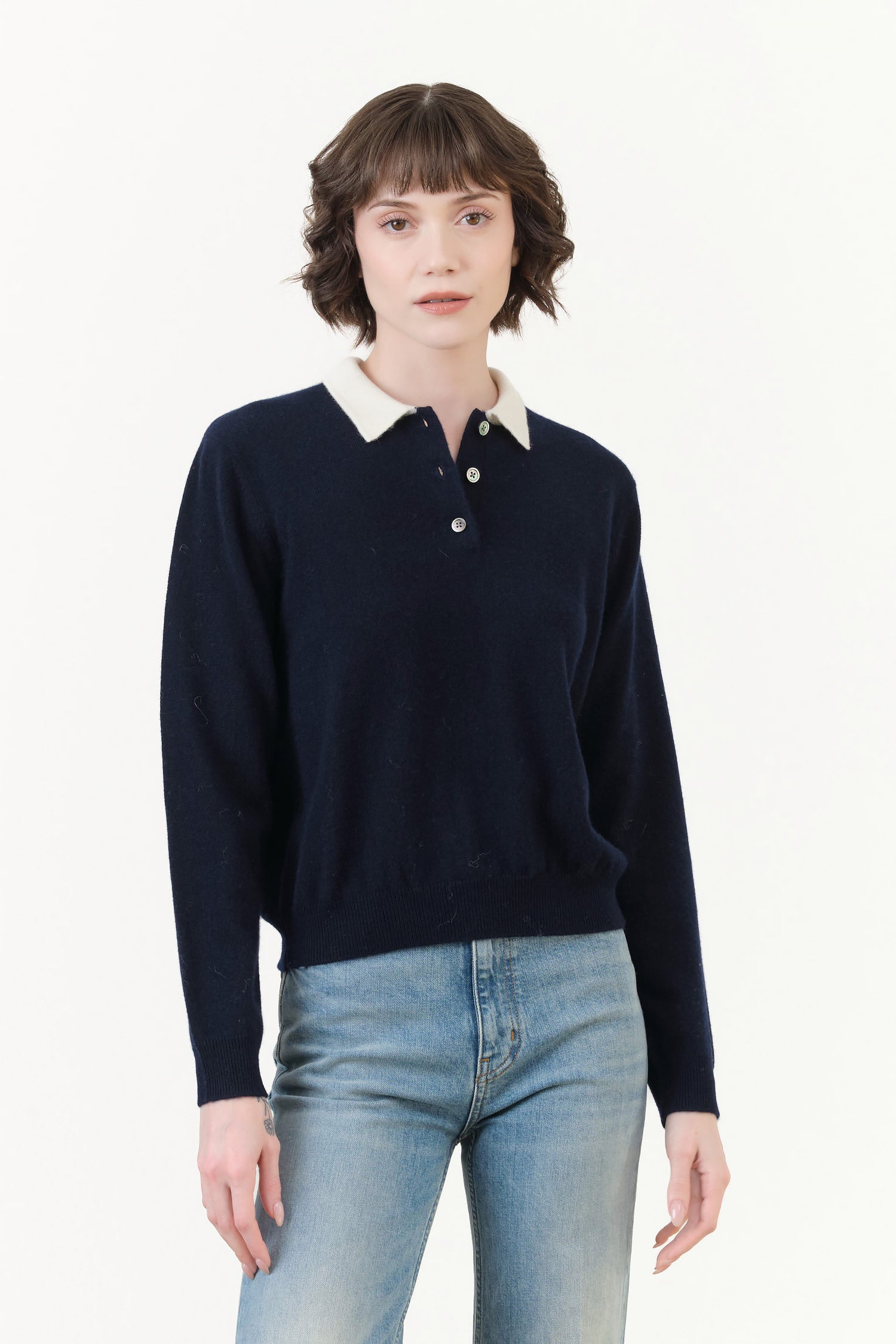 Demylee Eden Polo Cashmere Sweater in Navy and Ivory