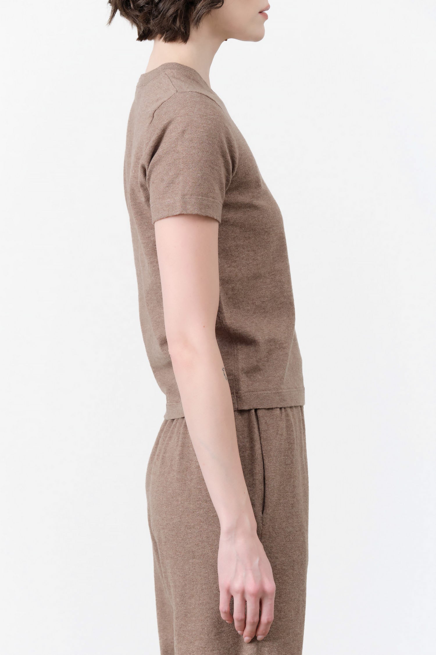 Demylee Designer Brand Short Sleeve Shirt Adebola Cotton Cashmere Top in Truffle Tan Brown