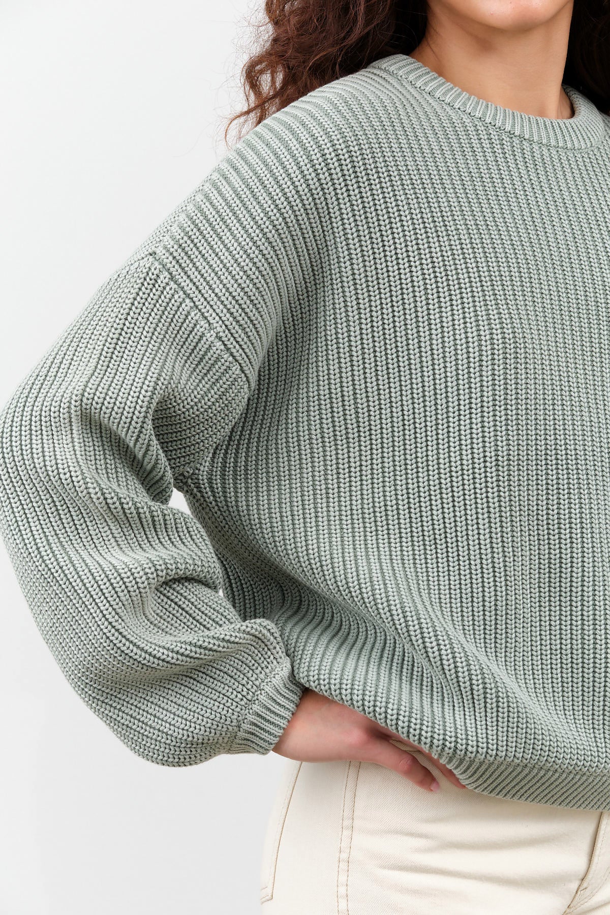 Long Sleeve Grant Cotton Knit Sweater in Sage Green with Chest Pocket